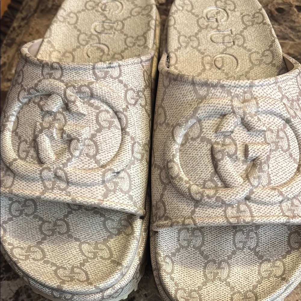 Gucci Light Gray Monogram Slides Unisex